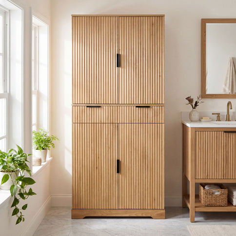 Fluted Kitchen Pantry Cabinet With 3 Keyboard Drawers & 6 Door Shelves Adjustable