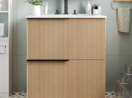 Fluted Bathroom Vanity With Ceramic Sink, Soft Close Slides