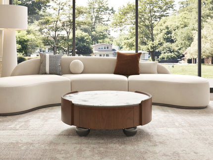 Round Coffee Table With Ball Feet, Dual Storage Drawers For Living Room - Walnut Brown