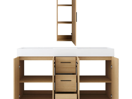 Double Sink Bathroom Vanity Set With Tall Linen Cabinet, 3 Drawers, Extra Large Storage, Integrated Sink, Freestanding Cabinet - Light Oak / White
