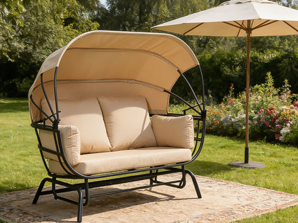 2 Person Egg Shaped Outdoor Swing Chair With Adjustable Canopy - Acacia Wood / Black / Taupe