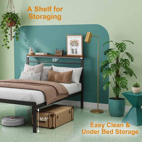 Platform Bed Frame With Charging Station & Headboard Shelves
