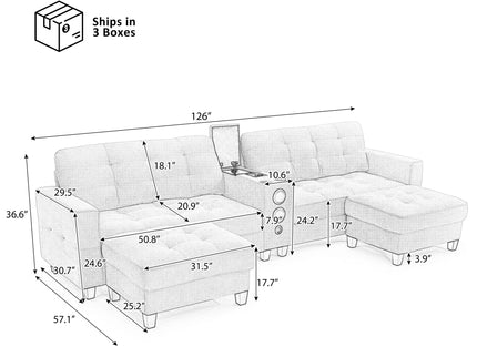 Modern Sectional Sofa U-Shaped With Movable Ottomans, tooth Speakers, LED Lights And Modular Storage