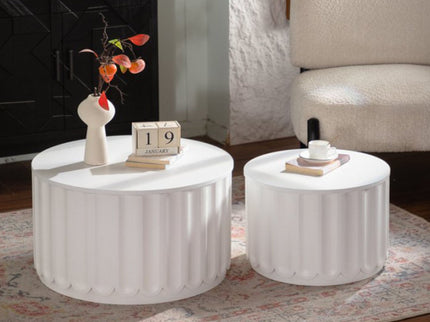 Round Storage Table Set With Lift Off Lid, Nesting Design, Elegant Curved Edge Shape For Living Room - Cream White