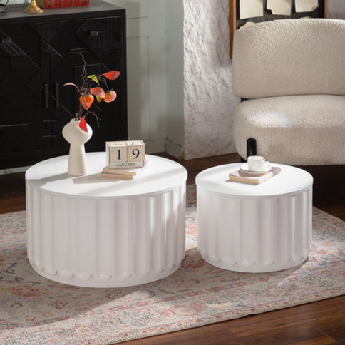 Round Storage Table Set With Lift Off Lid, Nesting Design, Elegant Curved Edge Shape For Living Room - Cream White