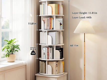 Rotating Bookshelf With Wheels And Drawer, 360° Spinning Design, Space Saving Storage