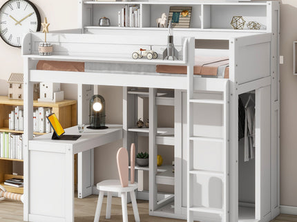 Loft Bed With Built In Desk, Storage Shelves, And Wardrobe