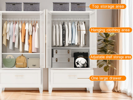 Wardrobe Cabinet With 1 Drawer And Hanging Rod, 2 Doors Closet With Shelf For Bedroom - White