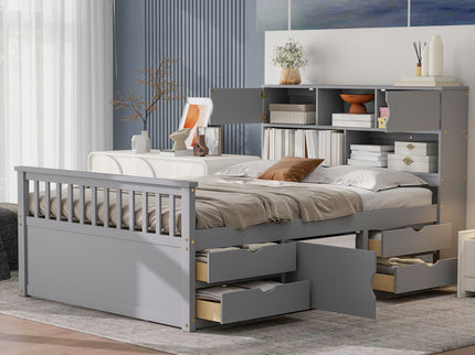 Captain Platform Bed Frame With Bookcase Headboard, 4 Drawers, Storage Shelves