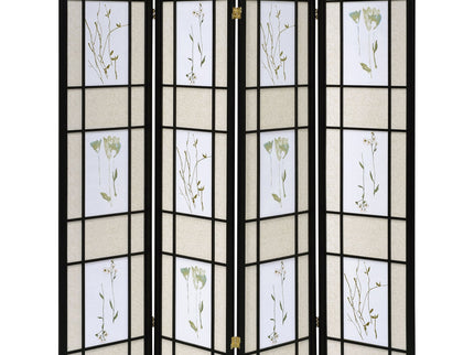 4 Panel Folding Screen With Floral Motif - Black