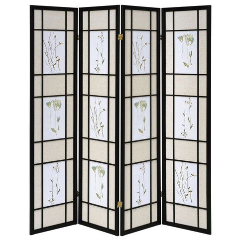 4 Panel Folding Screen With Floral Motif - Black