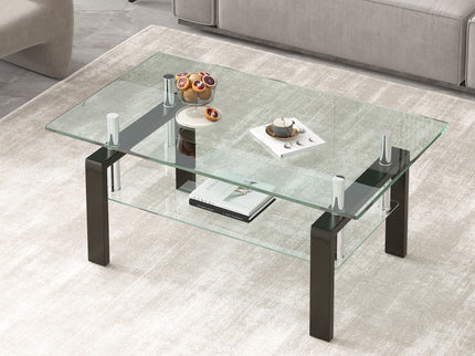 Tempered Clear Glass Coffee Table, 2-Layers Coffee Table Living Room Center Table - Black