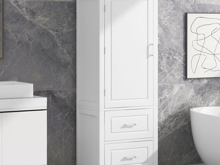 Tall Freestanding Bathroom Storage Cabinet With 2 Drawers And Adjustable Shelf