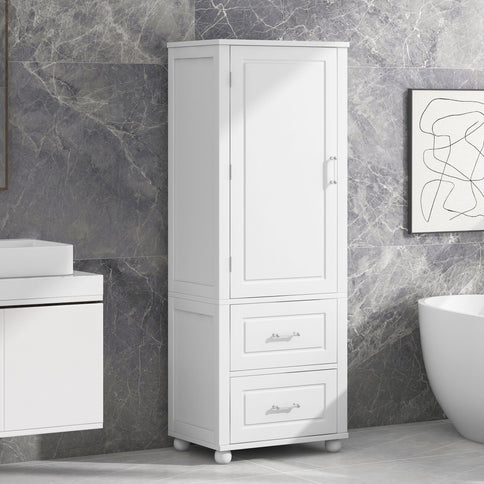 Tall Freestanding Bathroom Storage Cabinet With 2 Drawers And Adjustable Shelf