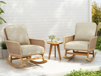 Modern 3 Piece Outdoor Seating Set With Cushioned Rattan Rocking Chairs And Wooden Accent Table