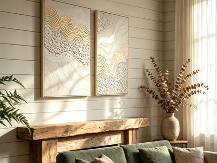 Framed Wall Art, Textured Canvas Painting With Accents, Decor For Living Room (Set of 2) - Antique White
