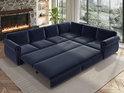 L-Shaped Sofa Couch With Pull Out Bed With Nailhead Trim & Rolled Arm