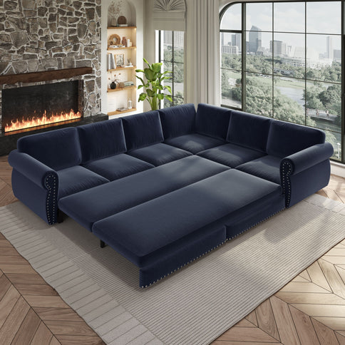 L-Shaped Sofa Couch With Pull Out Bed With Nailhead Trim & Rolled Arm