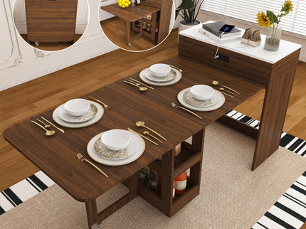 Extendable Dining Table With Power Socket, Lockable Casters, Storage Cabinet