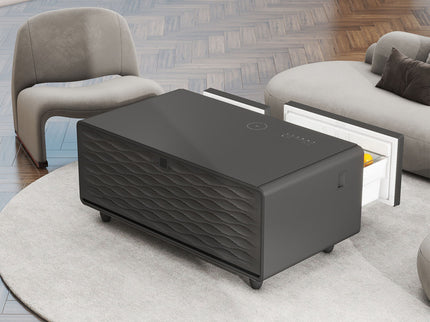 Modern Smart Coffee Table With Built-In Fridge - tooth Speaker, Wireless Charging, Touch Control Panel, USB Interface, Outlet Protection, Atmosphere Light