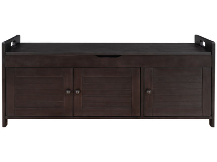 Storage Bench With 3 Shutter-Shaped Doors, Shoe Bench With Removable Cushion And Hidden Storage Space