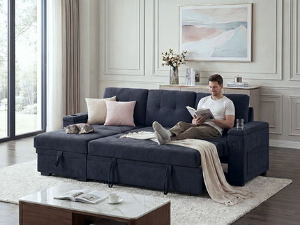 Ashlyn II - 84"W Woven Fabric Reversible Sleeper Sectional Sofa with Storage Chaise