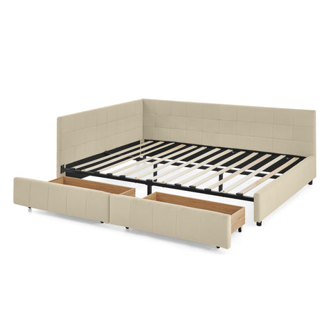 Mid-Century Storage Upholstered Tufted Bed Frame With Backrest And Armrests