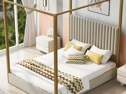 Upholstered Canopy Platform Bed With Frame, Queen Size - Beige