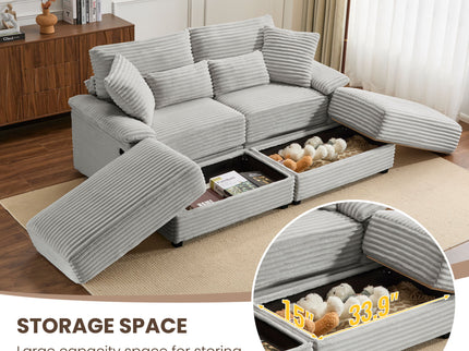 Double Chaise Lounge Set With Reversible Storage Ottomans, USB Port