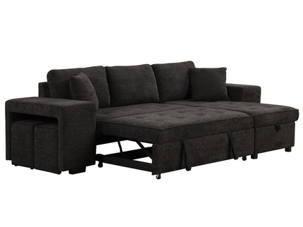 Modern L-Shape 3 Seat Reversible Sectional Couch, Pull Out Sleeper Sofa With Storage Chaise And 2 Stools For Living Room Furniture Set