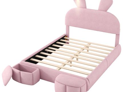 Full Upholstered Platform Bed With Cartoon Ears Headboard And LED Light - Pink