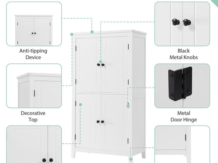 Elegant Bathroom Floor Storage Cabinet With 4 Doors, Adjustable Shelves