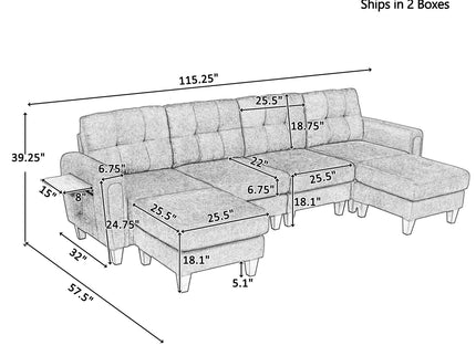 Modular Sectional Sofa With Movable Ottomans, USB Ports & Side Tables