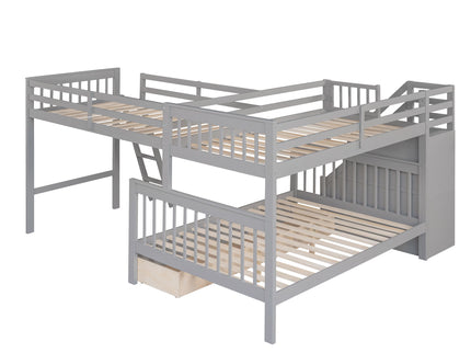 Solid L Shaped Bunk Bed With 3 Drawers, Ladder And Staircase