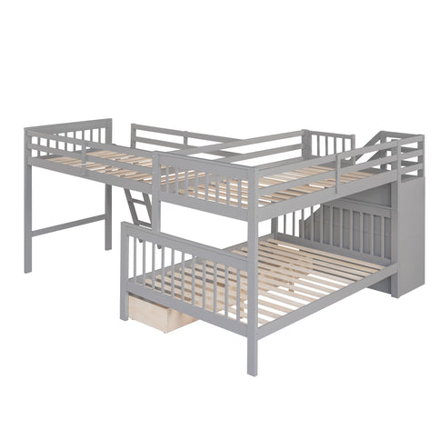 Solid L Shaped Bunk Bed With 3 Drawers, Ladder And Staircase