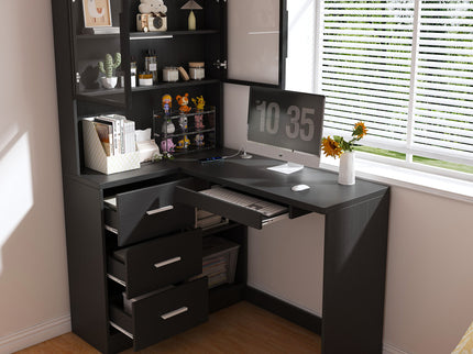 L-Shaped Computer Desk With Glass Cabinets, Built In LED Lights, USB Charging Ports
