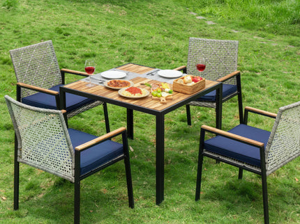 5 Piece Patio Dining Table Set, Acacia Wood Table Top With Umbrella Hole