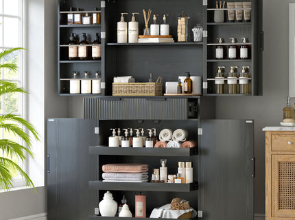 Fluted Kitchen Pantry Cabinet With 3 Keyboard Drawers & 6 Adjustable Door Shelves