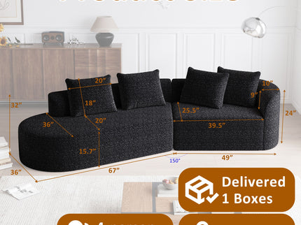 Upholstered Oversized Sectional Sofa, 4 Seater Extra Deep & Wide Seat Curved Cloud Couch With 4 Throw Pillows, Free Combination Living Room - Black