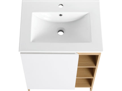 Freestanding Bathroom Vanity With Thin Rim Sink, Single Door With 4 Tier Open Shelves - Light Oak / White