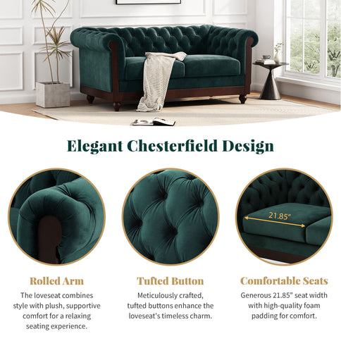 Chesterfield Loveseat Sofa, 2 Person Rolled Arm Upholstered Couch