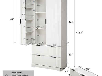 Fluted Kitchen Pantry Cabinet With 2 Large Drawers & 8 Door Spice Rack
