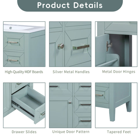 30" Bathroom Vanity With Sink Combo, Bathroom Cabinet With Drawers - Green