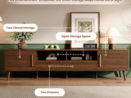 78" TV Stand For 85" TVs With Soft Close Doors, Open Shelf - Walnut