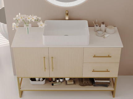 Bathroom Vanity With Vessel Sink Accent Free Standing Cabinet - Ameican White Oak / Gold / White