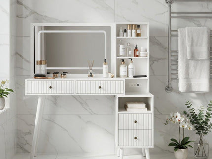 Fluted Vanity Desk With Lighted Mirror & Outlet 4 Drawer, Makeup Table - White