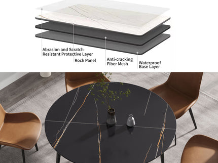 Modern Artificial Stone Round Dining Table With Metal Legs, Can Accommodate 6 People - Black