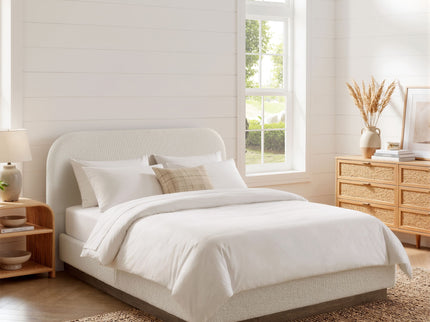 Linton - Queen Size Upholstered Platform Bed - Cream White / Light Grey / Camel Oak