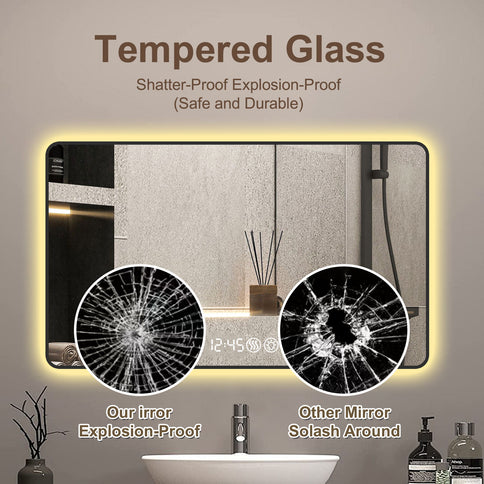 Wall Mirror With Rounded Corners, Temperature Display, Tri-Color Light, Defogging