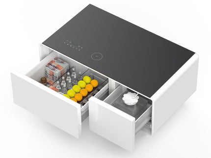 Modern Smart Coffee Table With Built-In Fridge - tooth Speaker, Wireless Charging, Touch Control Panel, USB Interface, Outlet Protection, Atmosphere Light